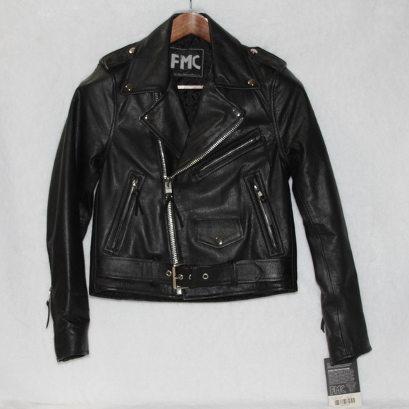 NWT FMC Black Leather Motorcycle Biker Jacket XS Women or Youth - Picture 3 of 6